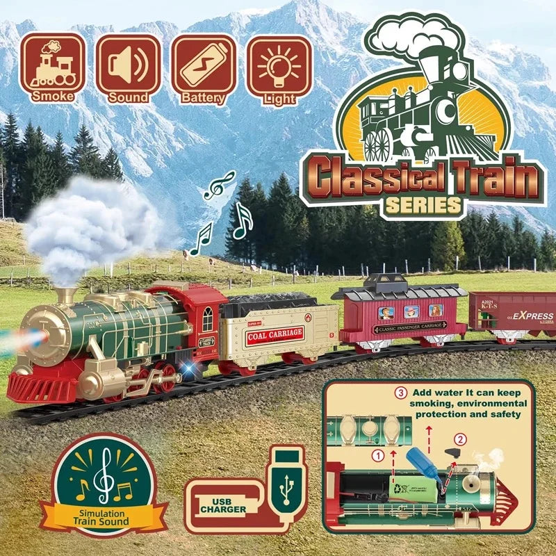 Cale ferata si tren electric cu 5 vagoane , Peste 5 metri lungime cu 29pcs, lumini sunete si fum