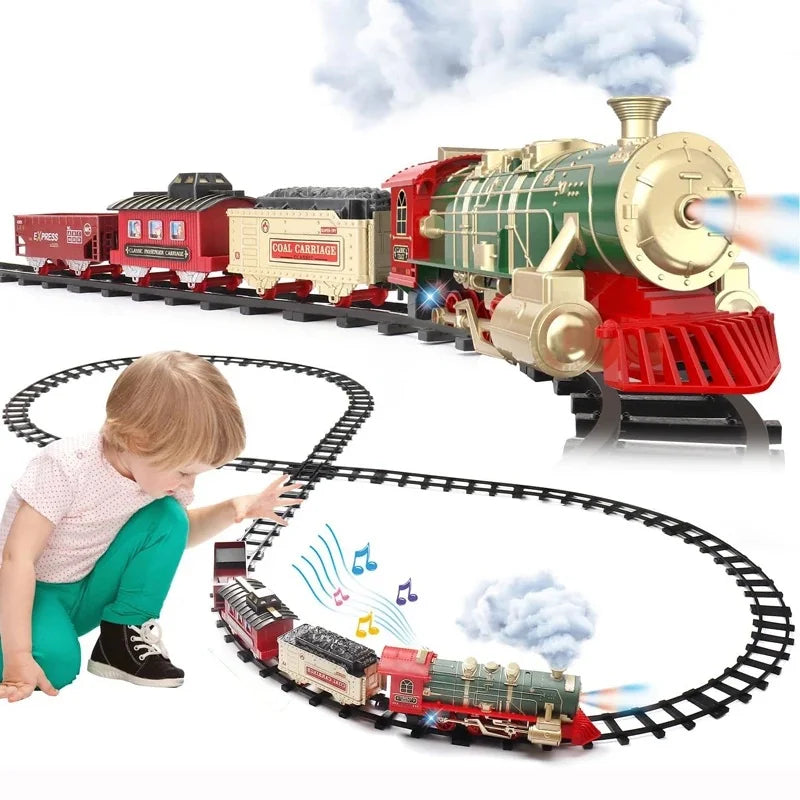 Cale ferata si tren electric cu 5 vagoane , Peste 5 metri lungime cu 29pcs, lumini sunete si fum